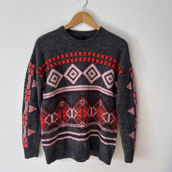 J. Crew Sweater Womens Medium Wool Blend Gray Pink Red Holiday Valentines - Picture 1 of 6